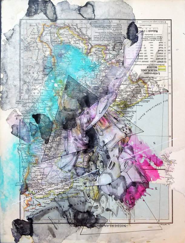 Zum Sprung | 2021 | 30x32cm | Peer Kriesel Übermalung | Mischtechnik auf Atlaskarte, gerahmt